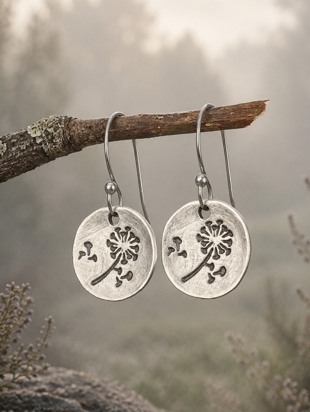 Dandelion Wish Earrings Botanical Rustic Silver Hand Crafted